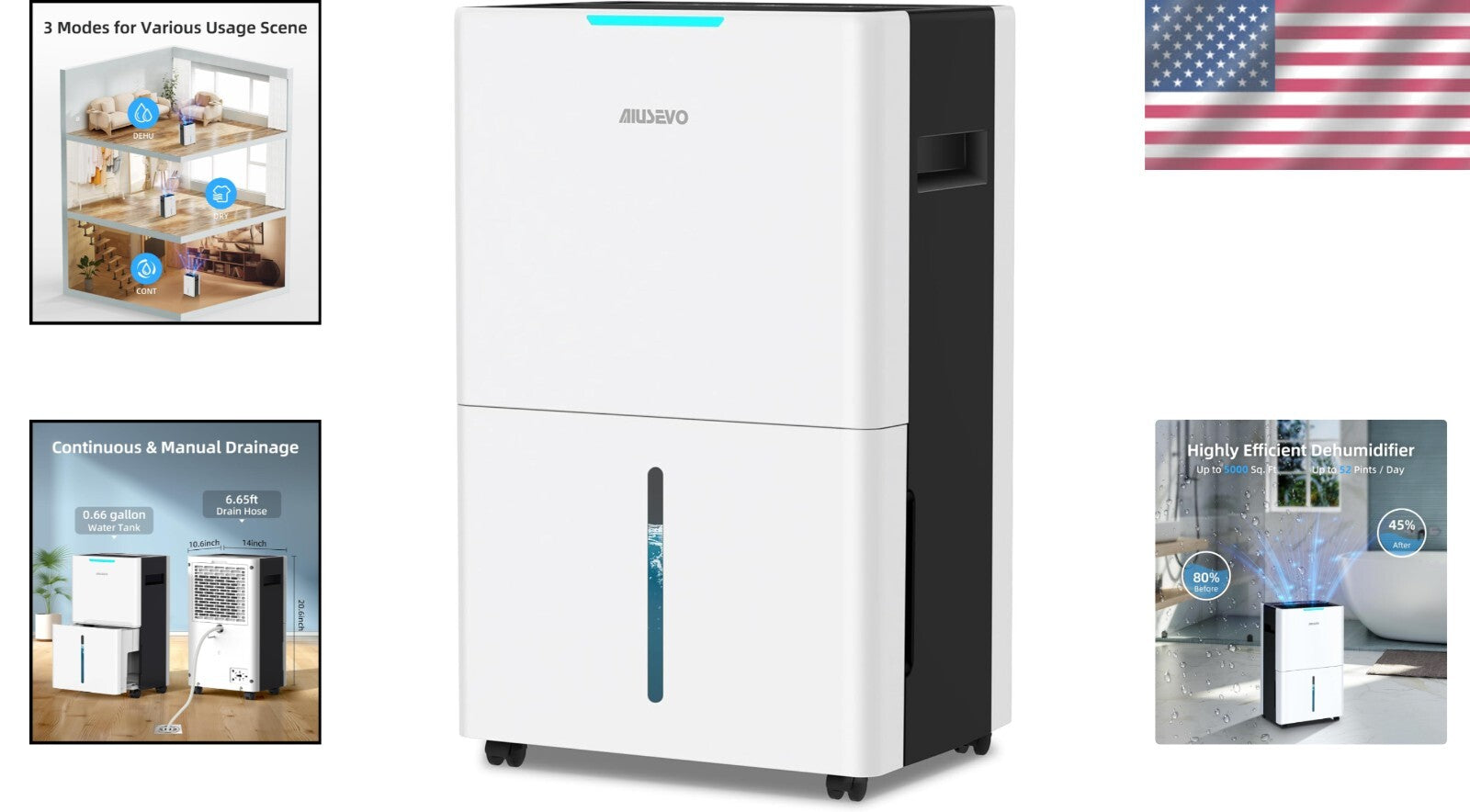 Portable 5000 Sq. Ft Dehumidifier with Continuous Drainage & Three Modes