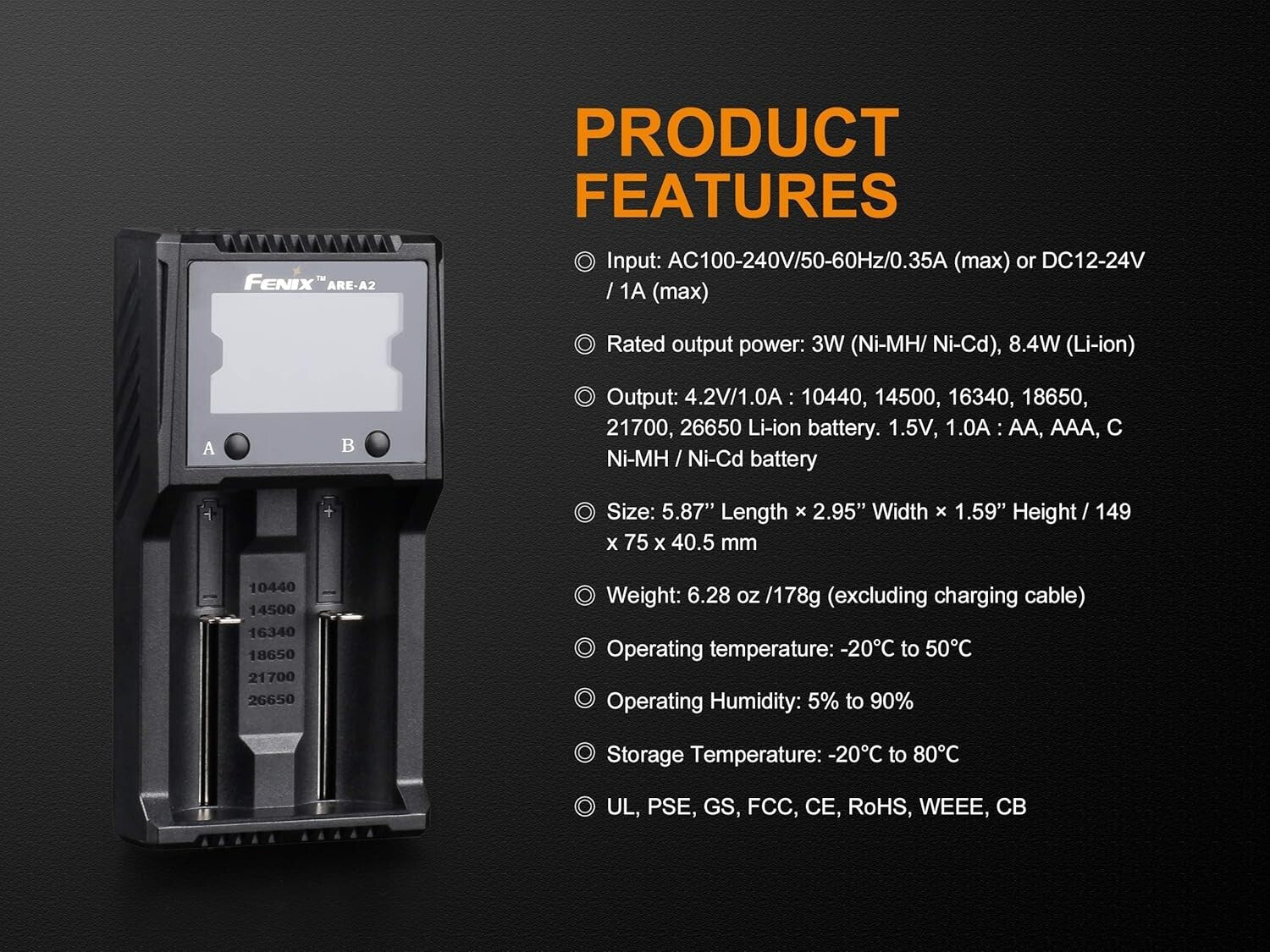 Versatile Fenix ARE-A2 Battery Charger for 21700/18650 with LCD Display and Case