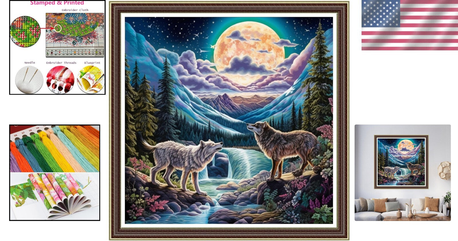 Life-Size Moonlight Wolf Cross Stitch Embroidery Kit for Creative Adults - 17.7"