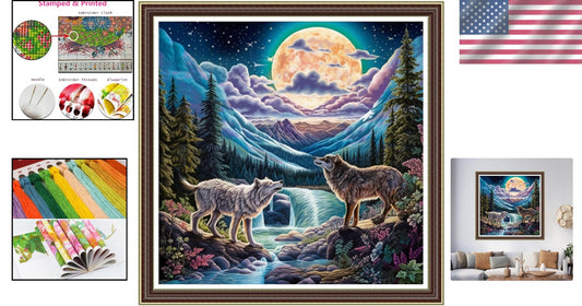 Life-Size Moonlight Wolf Cross Stitch Embroidery Kit for Creative Adults - 17.7"