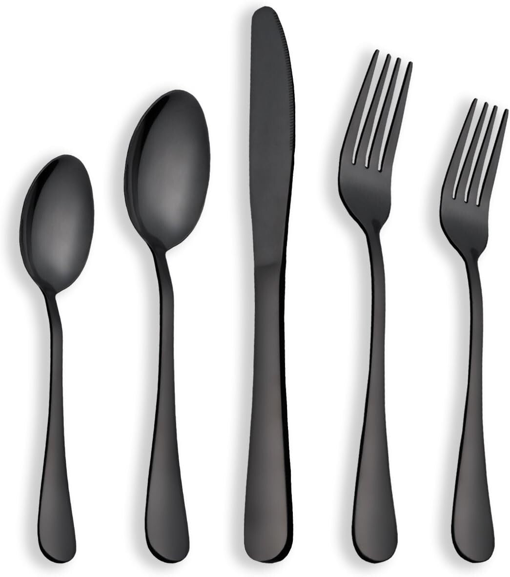 High-Quality 40-Piece Shiny Black Stainless Steel Cutlery Set - Elegant Dining
