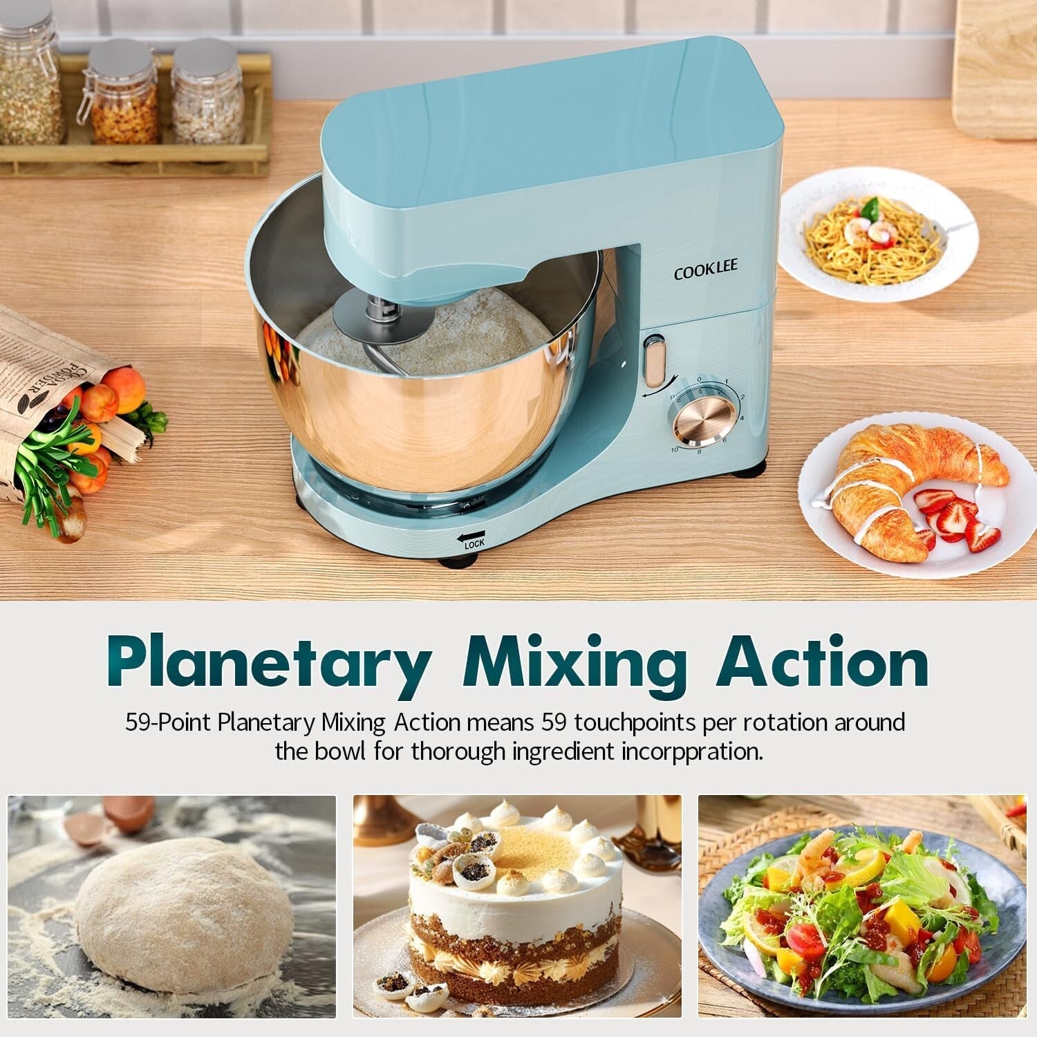 660W Electric Stand Mixer – 9.5 Qt Capacity, Blue Kitchen Mixer with Attachments