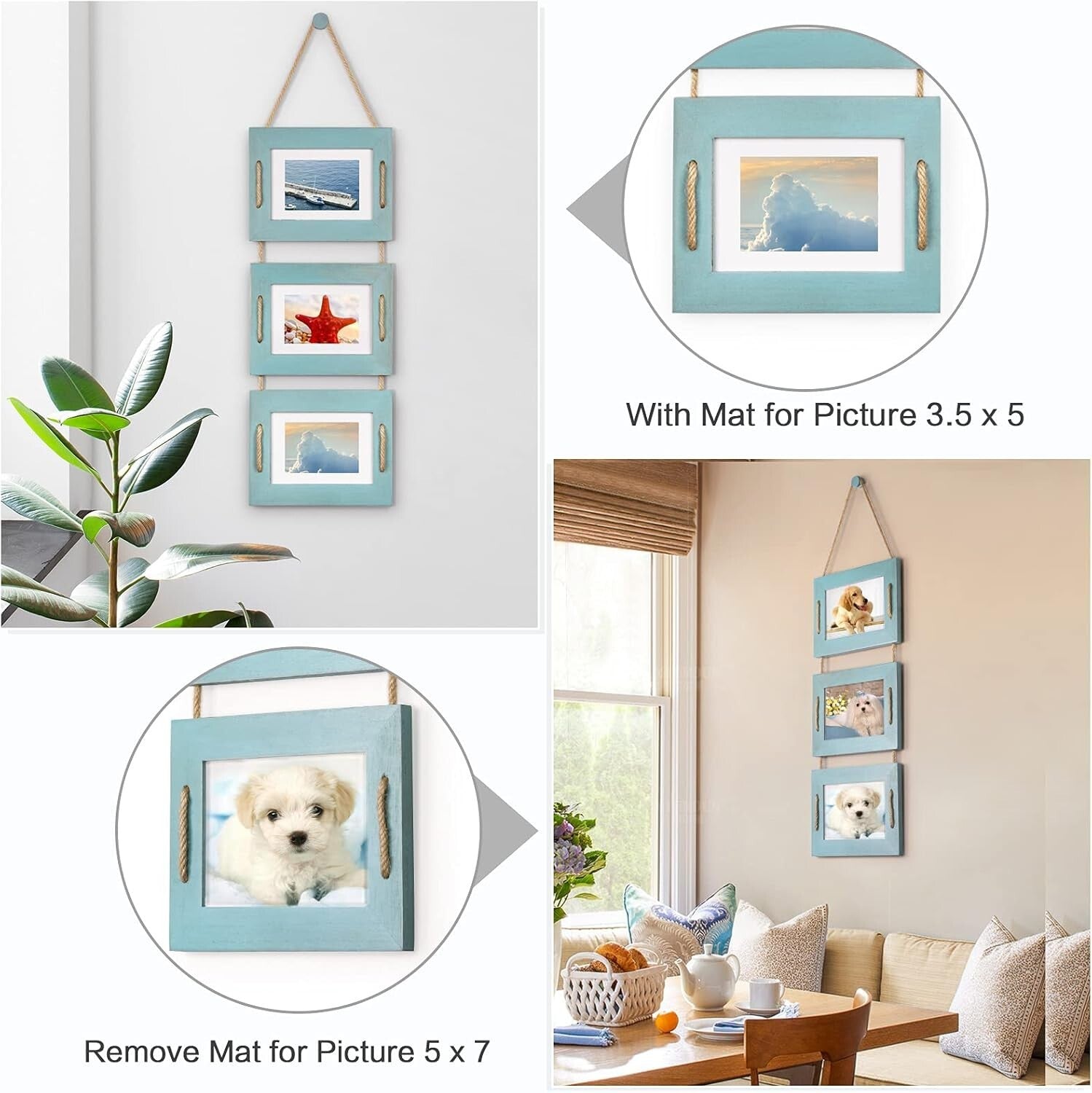 Creative 5x7 Collage Wall Decor - Rustic Ocean Blue Frames with 3.5x5 Options