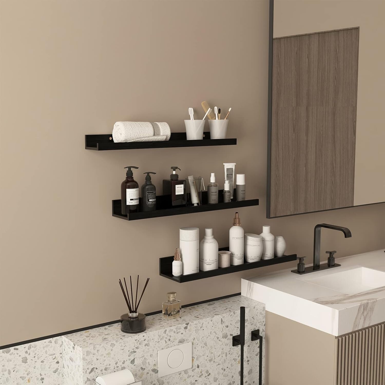 Elegant Black Floating Shelf Set with U-Shape Ledge - 24 Inch Wall Storage