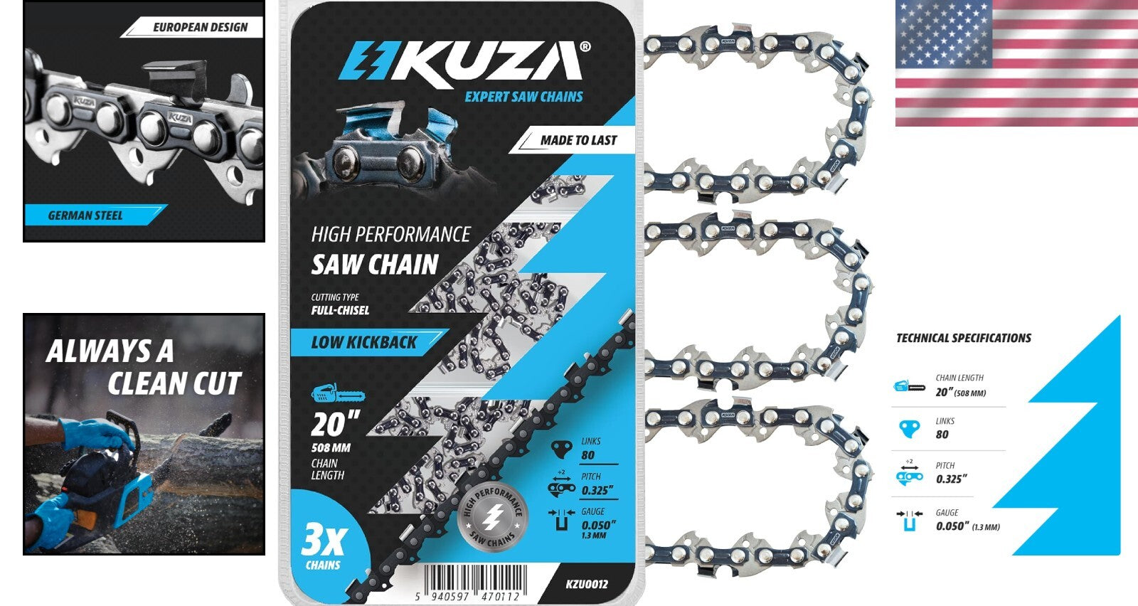 Effortless Cutting 20 Inch Chainsaw Chain - 0.325" Pitch, Low Kickback Design