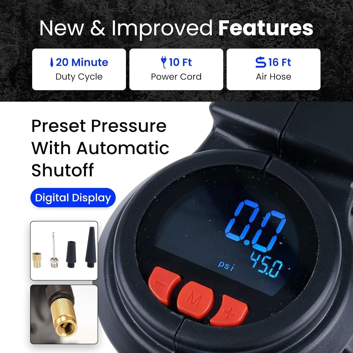 Automatic Shut-Off Portable Tire Inflator with Digital Gauge & Extension Hose