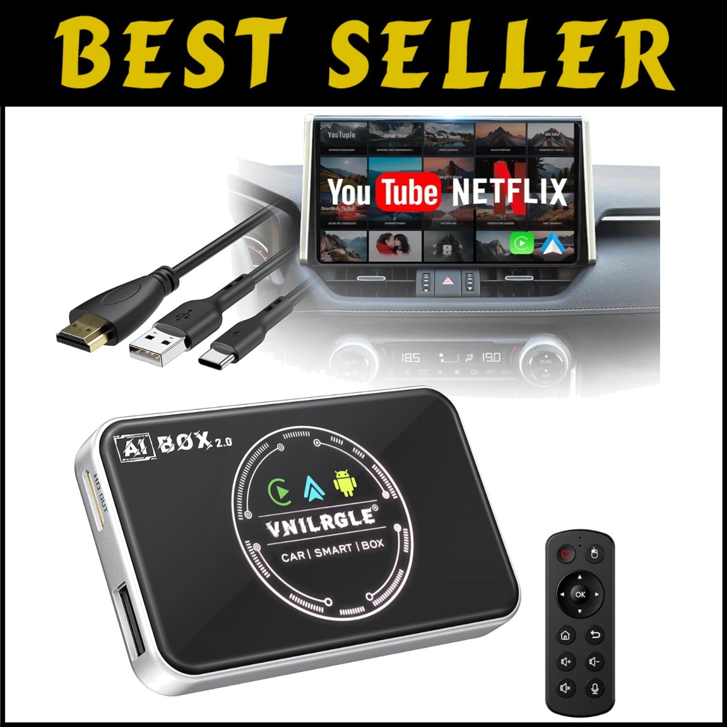 Seamless Streaming Wireless Adapter for CarPlay & Android Auto - Remote Included