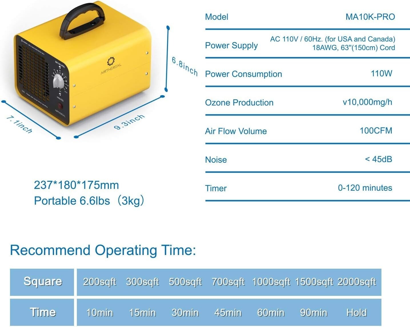 Air Purifier Ozone Generator 10,000 mg/h - Improve Indoor Air Quality, Yellow