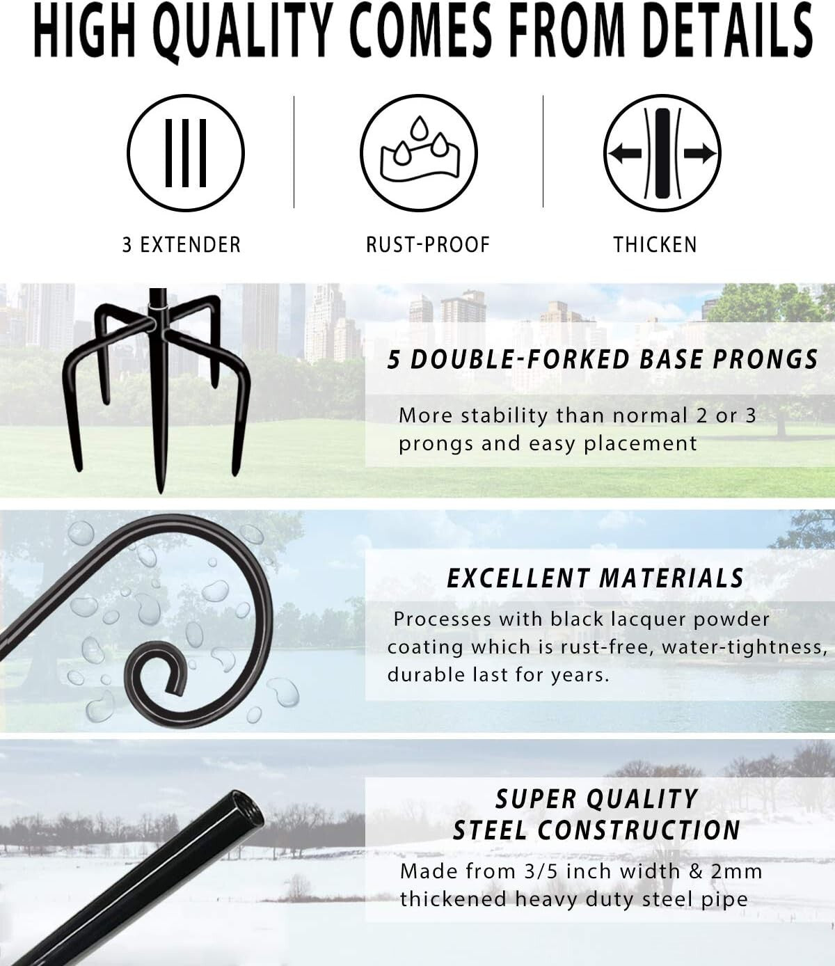 Elegant Black Outdoor Shepherd Hooks - Adjustable 5-Prong Garden Poles for Decor