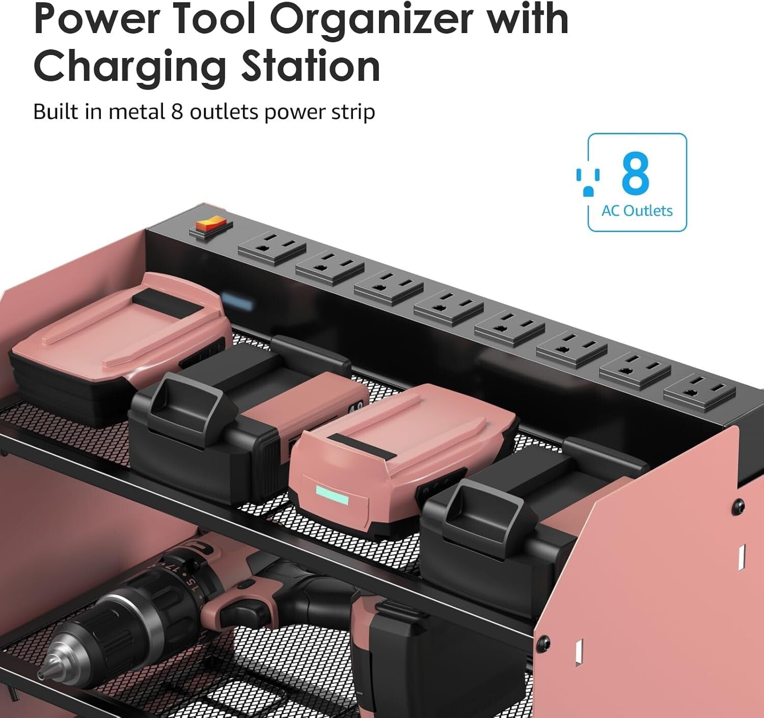 Heavy-Duty Power Tool Storage Shelf with Hooks and Built-in Charging Station