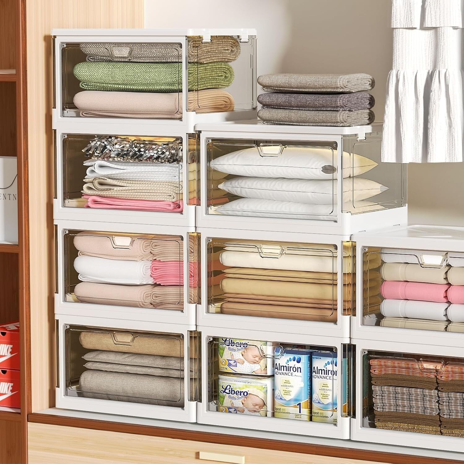 Effortless Folding Storage Bins with Dual Opening Mechanisms - White 3 Set