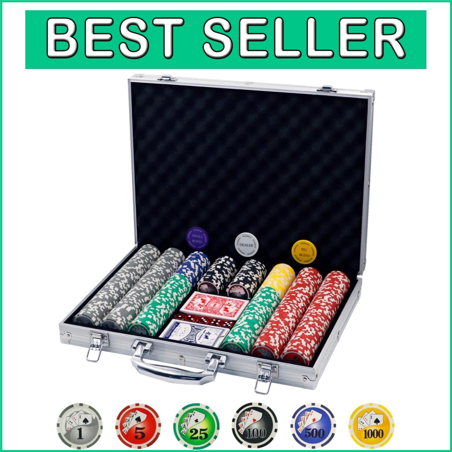Complete 500 Chip Poker Set with Buttons, Dice & Travel Case - Party Essentials