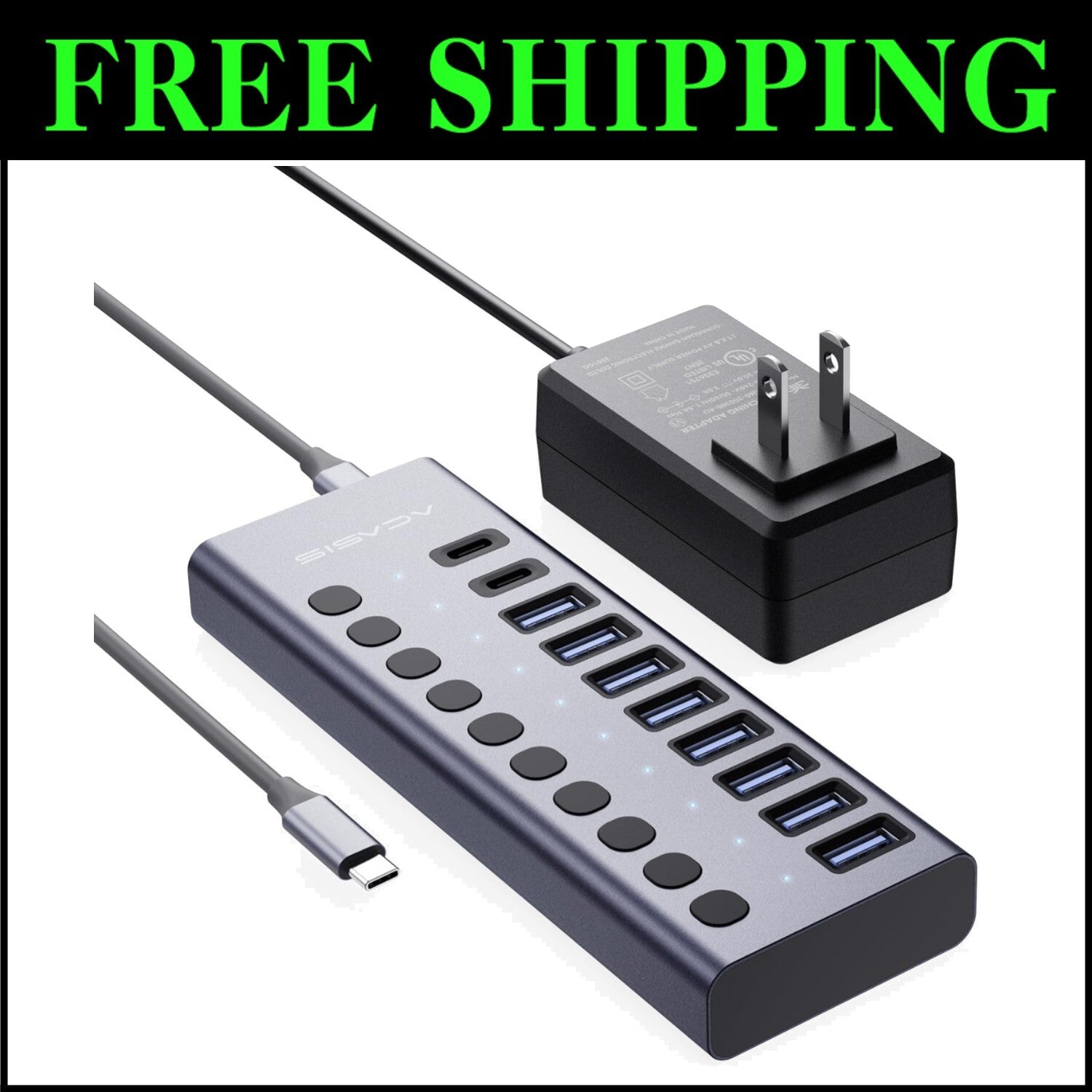 High-Speed USB 3.2 Hub: 10 Ports with Fast 10Gbps Data Transfer & Power Adapter