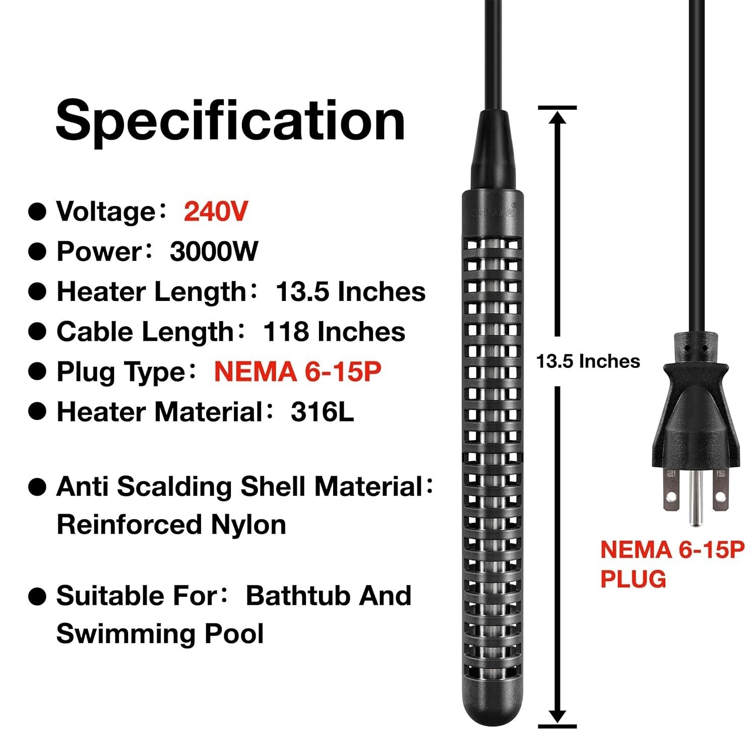 Fast Heating 3000W Portable Heater with Anti-Scald Design for Pools & Baths