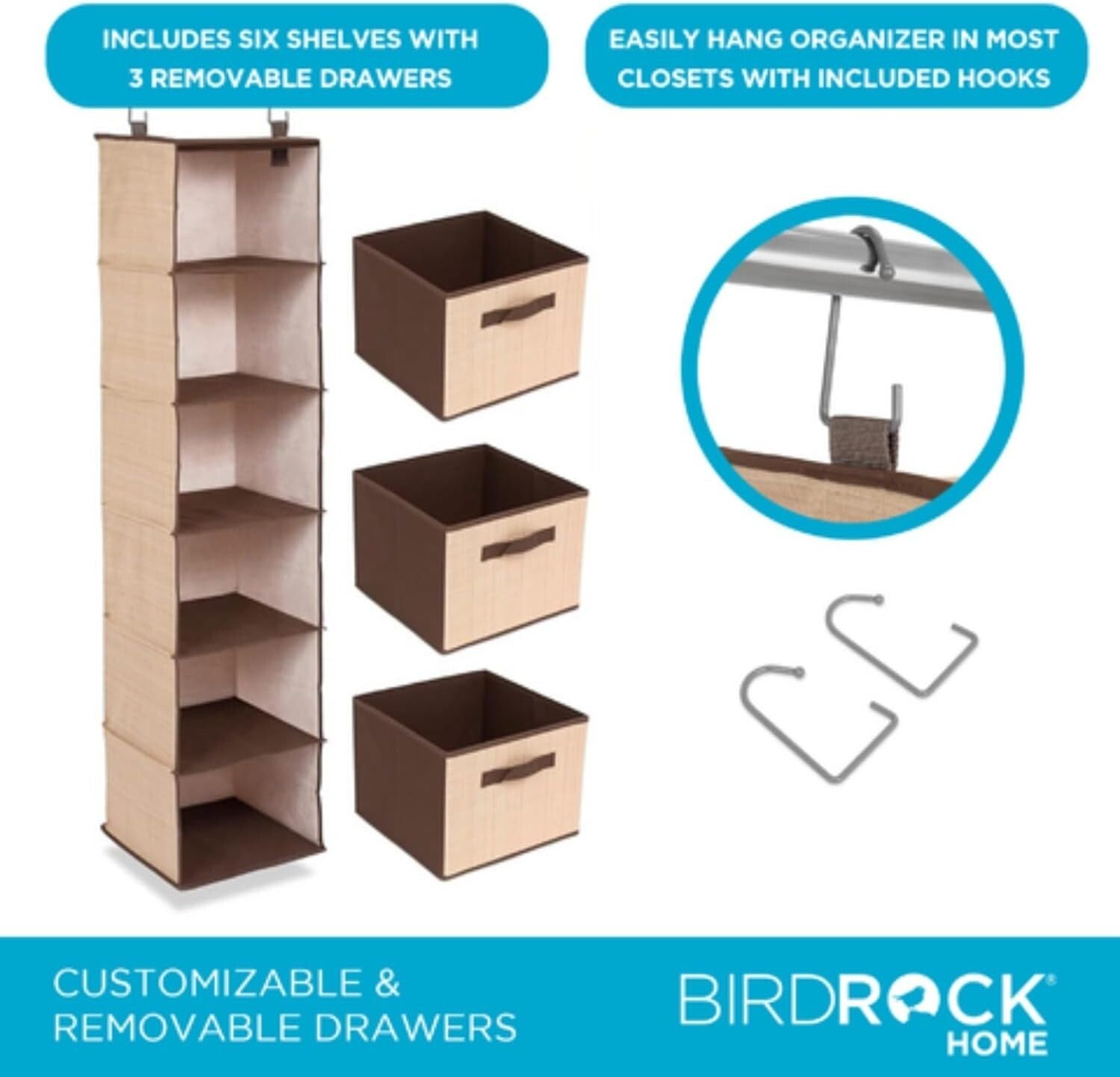 Durable Fabric Hanging Closet Organizer - 6 Shelf and 3 Drawer Storage Solution