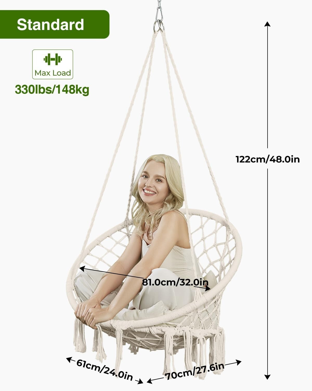 Versatile Macrame Hanging Chair with Adjustable Cushion – 330lbs Capacity, Beige