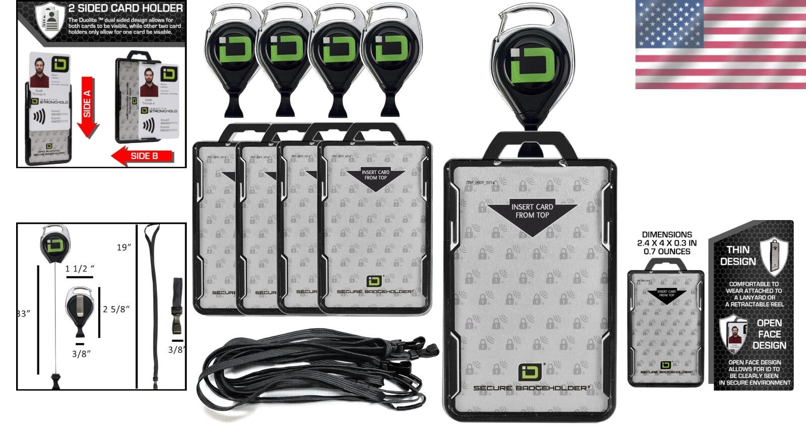 Durable Black 5-Pack Secure Badge Holder with Easy-Slide Technology and Lanyard