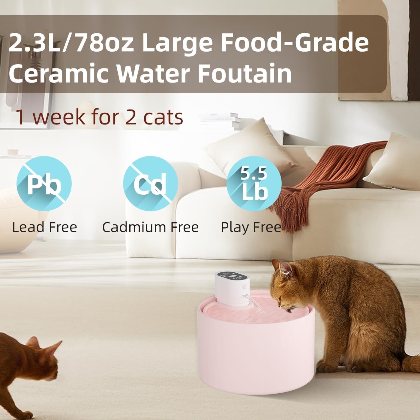 Intelligent 2.3L Cat Drinking Fountain - Elegant Pink Ceramic & Low Maintenance