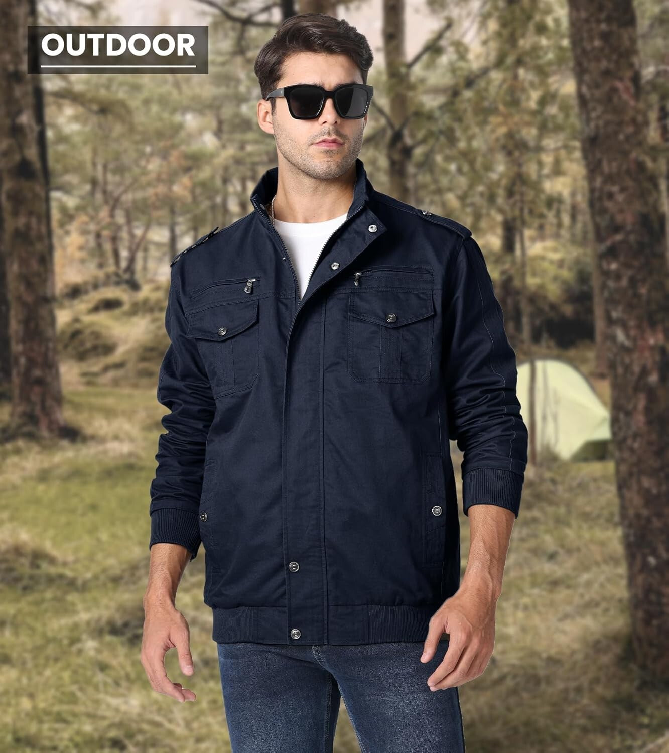 Stylish Men's Zip Front Utility Jacket with Inner Pocket for Outdoor Adventures