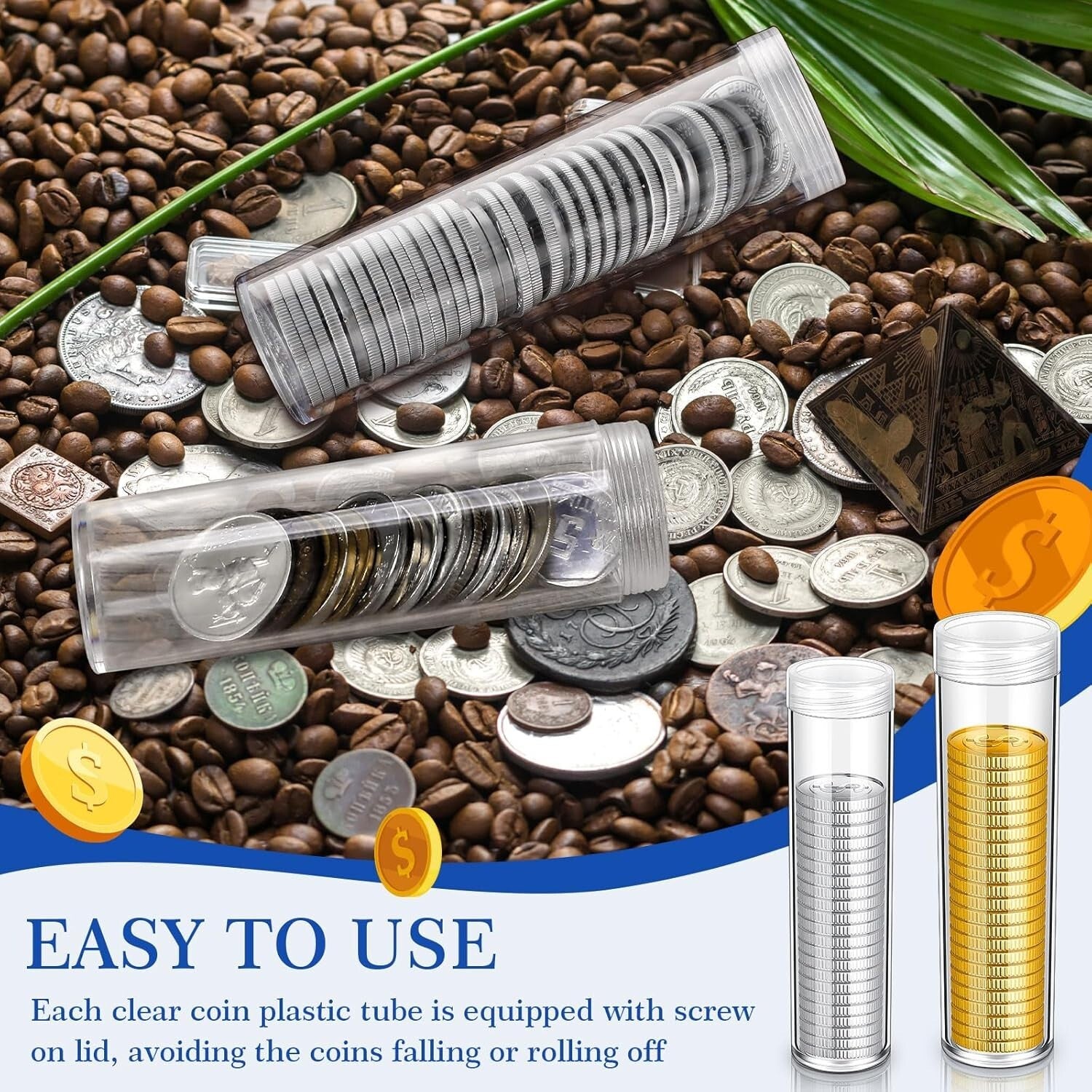 Clear Coin Holders - 60 Pcs Tubes in 6 Sizes, Perfect for Organizing Coins