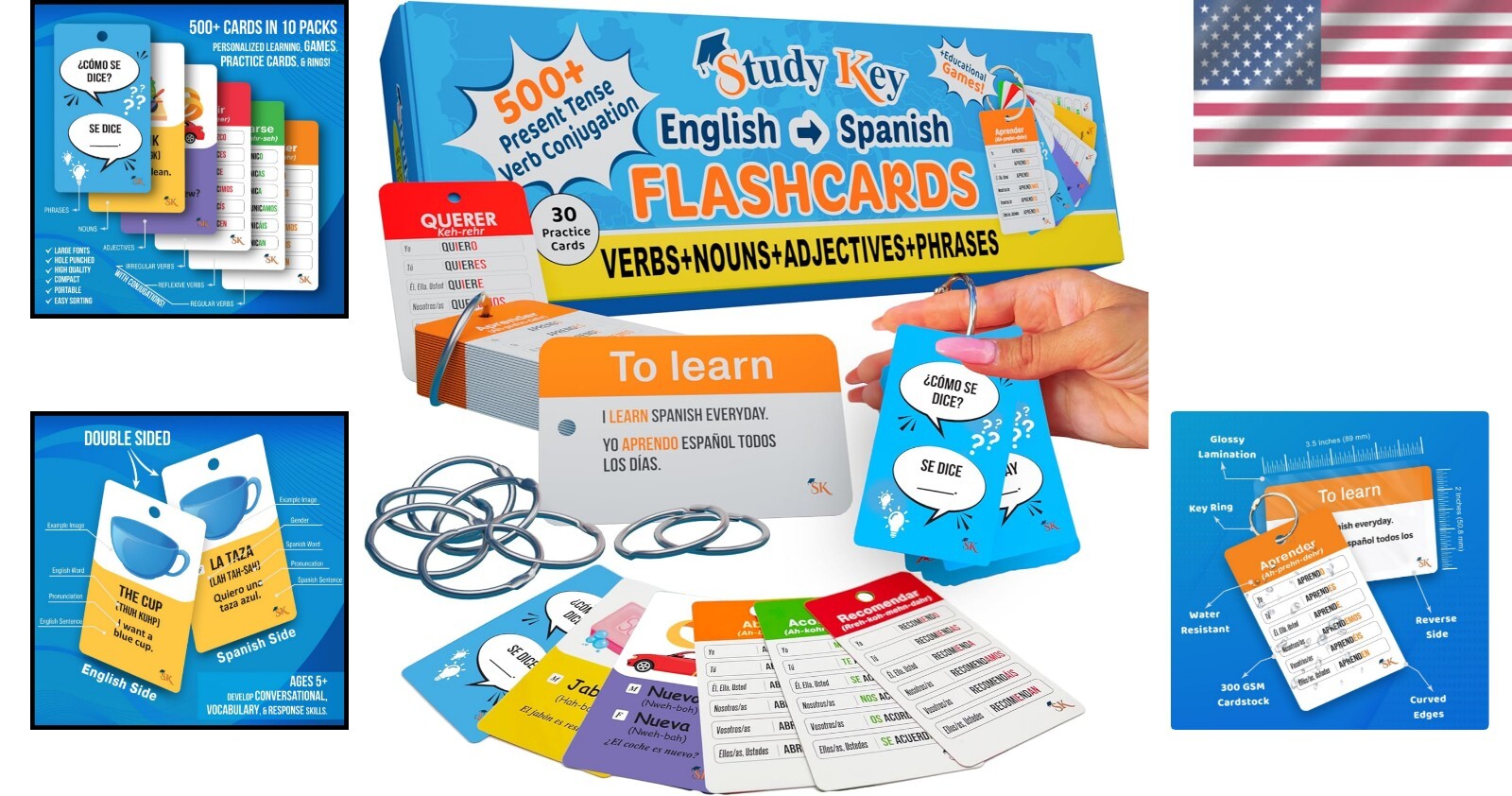 Portable 500+ Flash Cards Set: Learn Spanish with Engaging Visuals & Resources