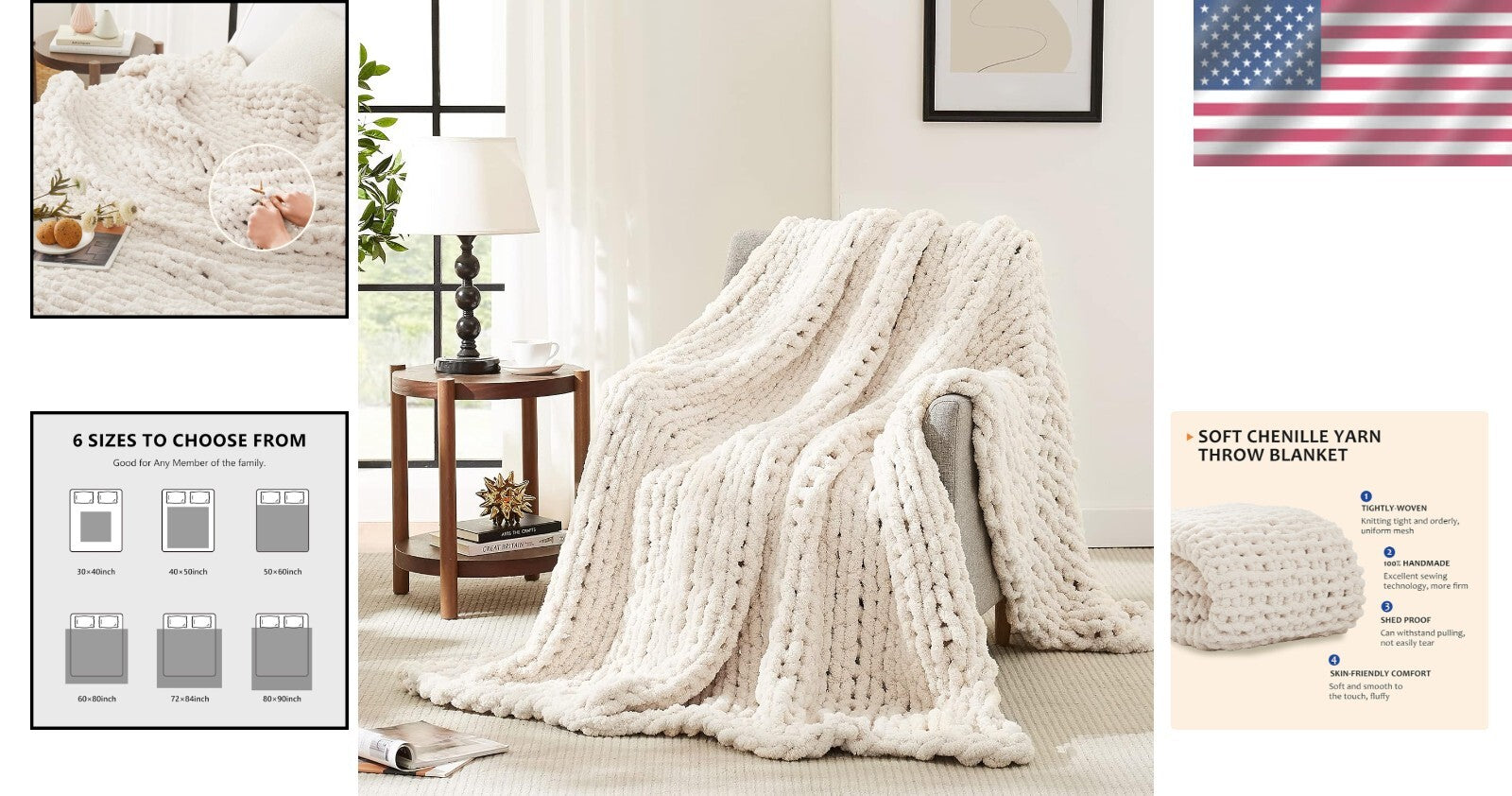 Breathable and Soft Chunky Knit Chenille Throw Blanket - Elegant Ivory 80''x90''