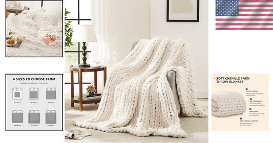Breathable and Soft Chunky Knit Chenille Throw Blanket - Elegant Ivory 80''x90''