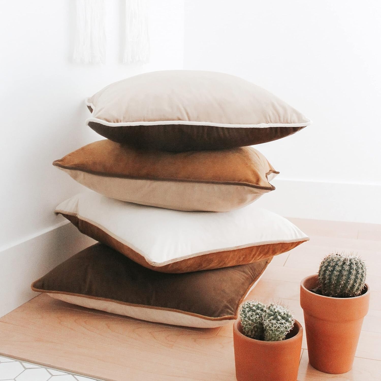 Contemporary Brown/Beige Velvet Cushion Covers - Set of 4 - All-Season Use