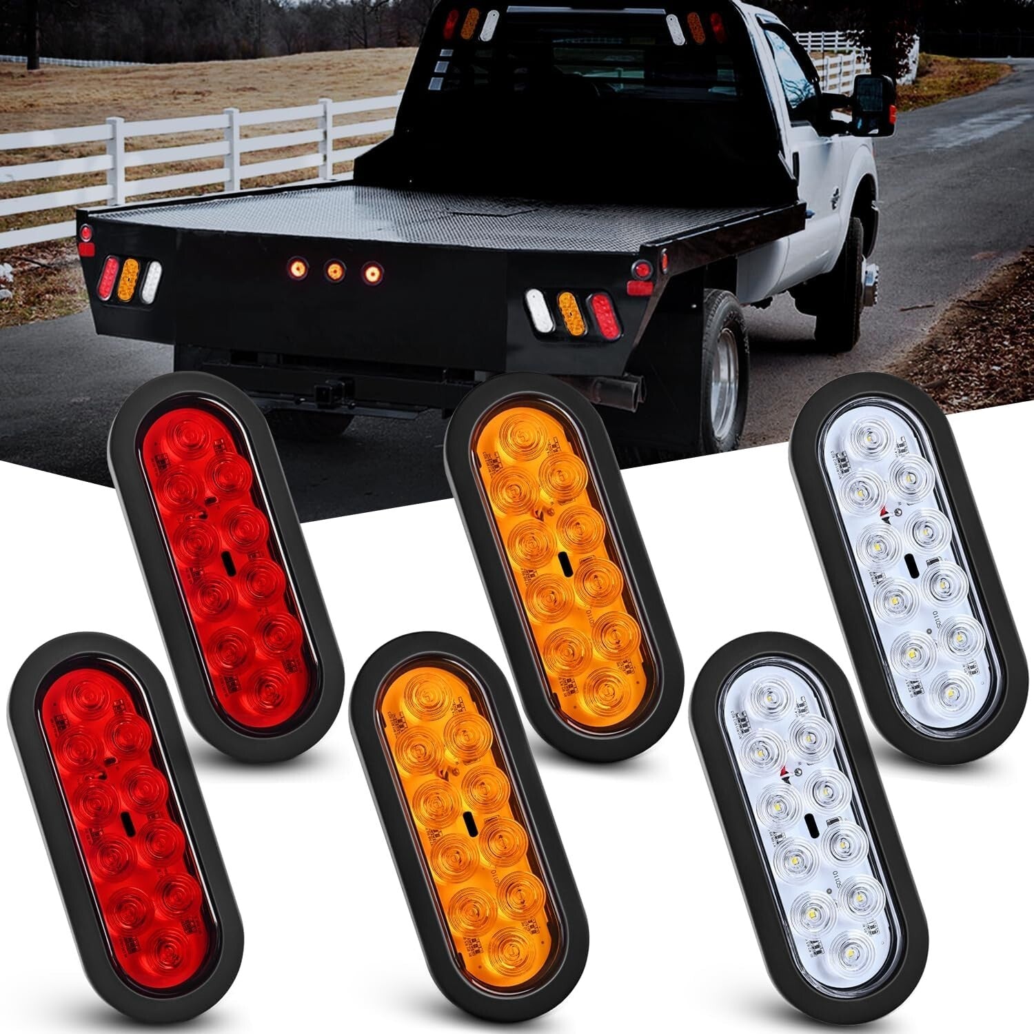 6 LED Trailer Tail Light Set - IP67 Waterproof with Red, Amber & White Lights