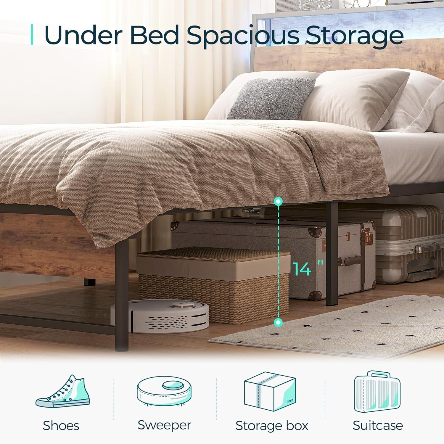Heavy-Duty Twin Bed Frame with Stylish Ergonomic Headboard & Under-Bed Storage
