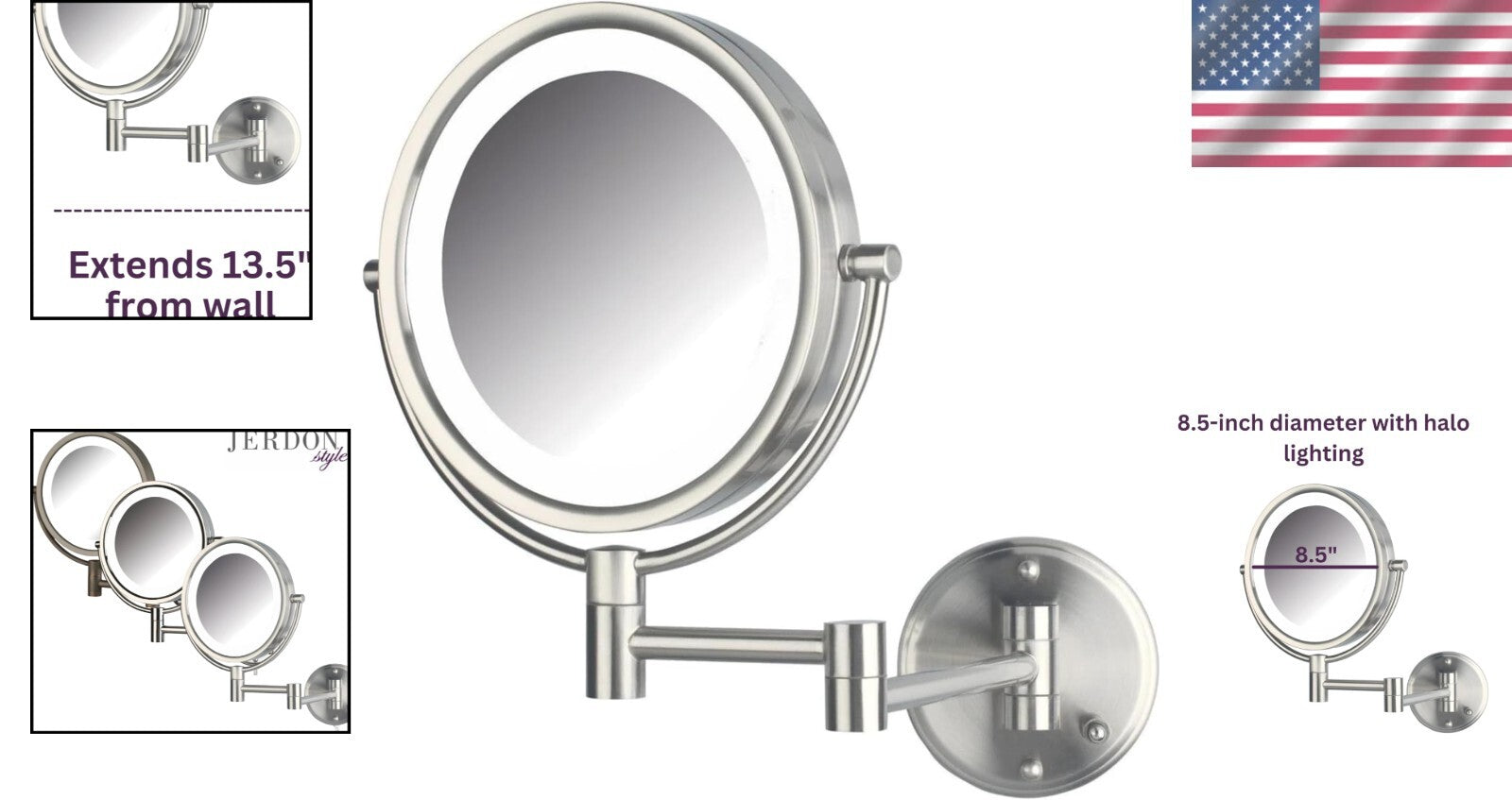 Luxury Wall-Mounted Makeup Mirror with Lights - 8X Magnification, Nickel Finish