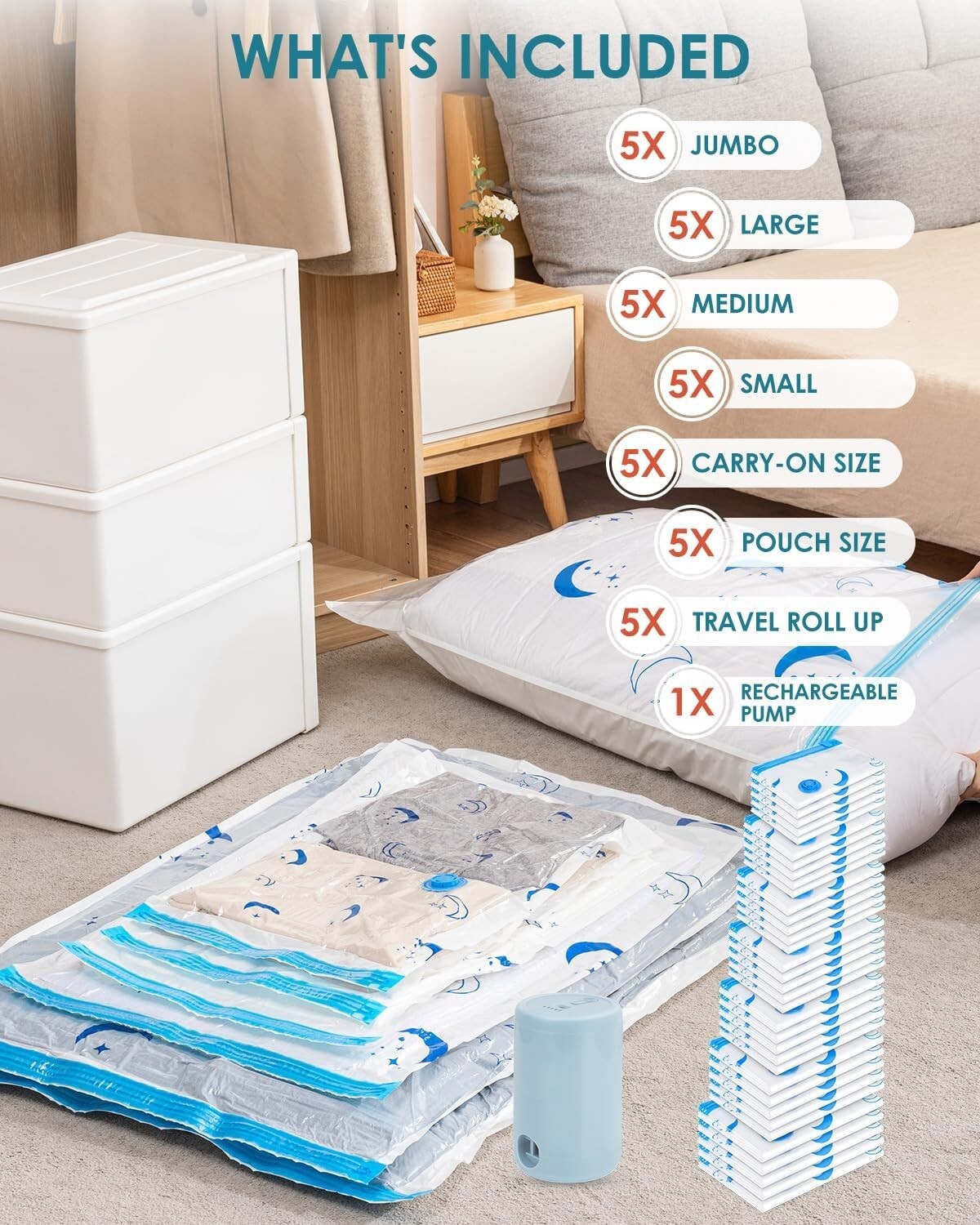 Durable Vacuum Sealed Bags with Rechargeable Pump - 35 Sizes for Optimal Storage