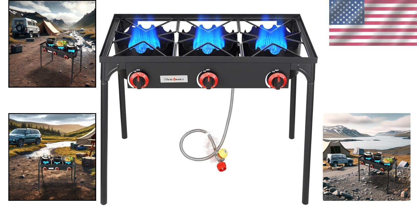 Durable 3 Burner Propane Gas Stove with Removable Legs for Easy Transportation