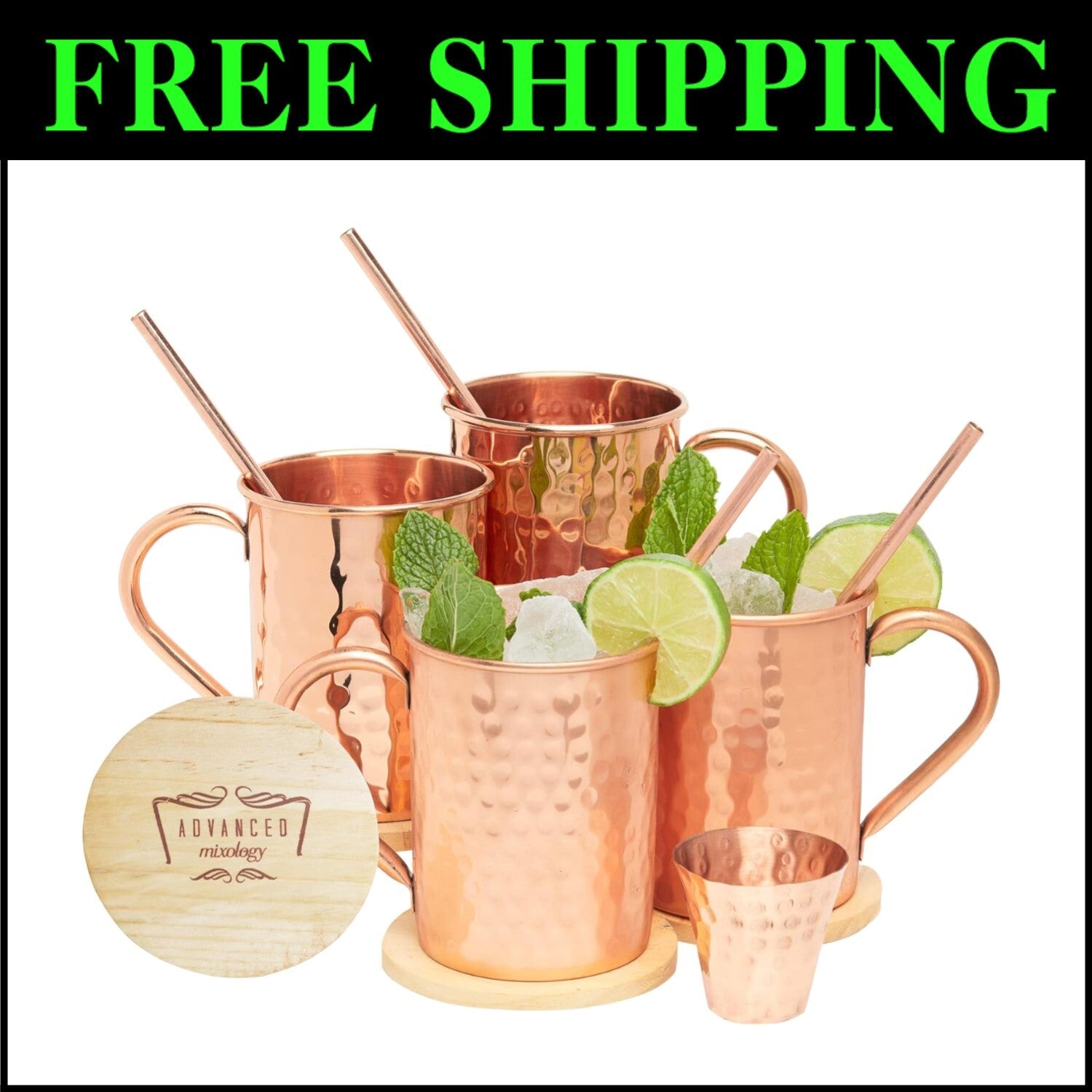 4 Pack Copper Moscow Mule Mugs with Artisan Wooden Coasters - Perfect Gift