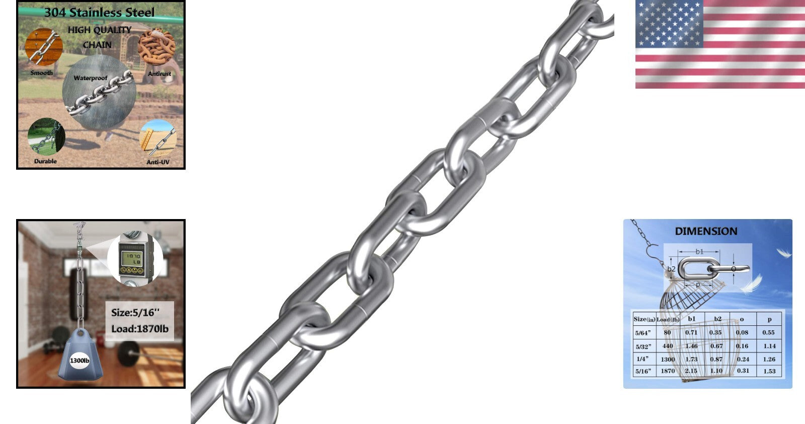 6.5ft Heavy Duty Stainless Steel Link Chain - 5/16in, Ideal for Towing & Hanging