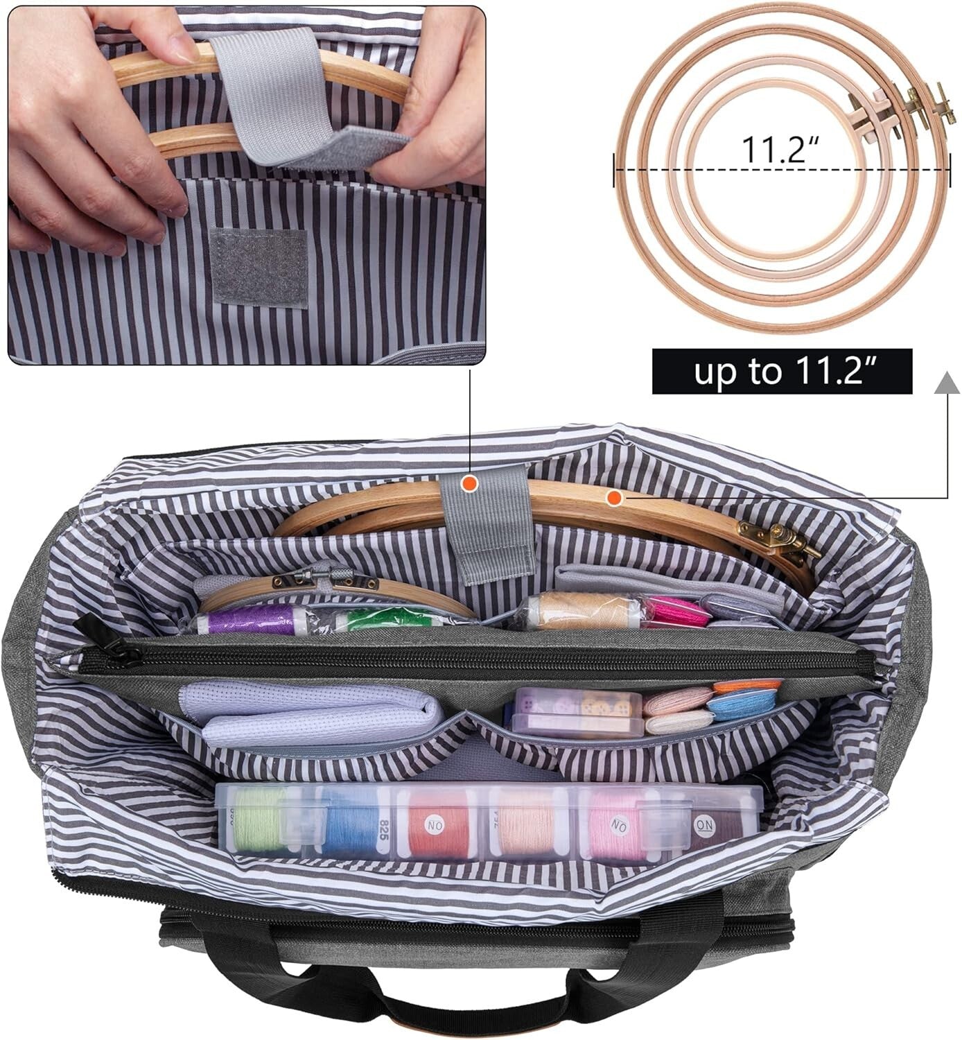 Heavy-Duty Gray Embroidery Project Bag with Padded Storage & Multiple Pockets