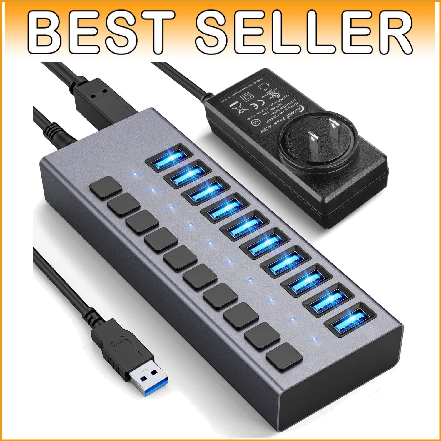 Aluminum 10-Port USB 3.0 Splitter with Surge Protection & 5Gbps Transfer Speed