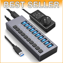 Load image into Gallery viewer, Aluminum 10-Port USB 3.0 Splitter with Surge Protection &amp; 5Gbps Transfer Speed