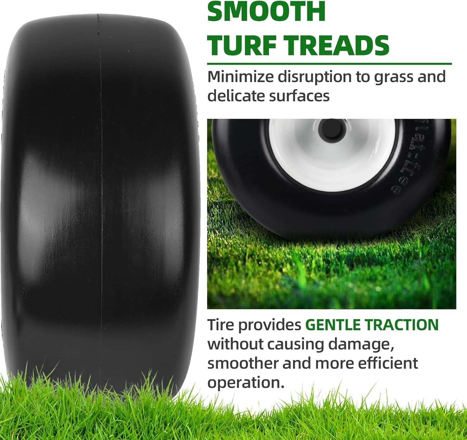 2-Pack Lawn Mower Tires - 13" Flat-Free Rubber with Rim for Smooth Turf Treads