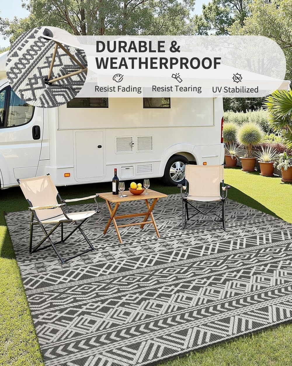 Stylish Grey Water-Resistant Outdoor Area Rug - Ideal for Patios and Balconies