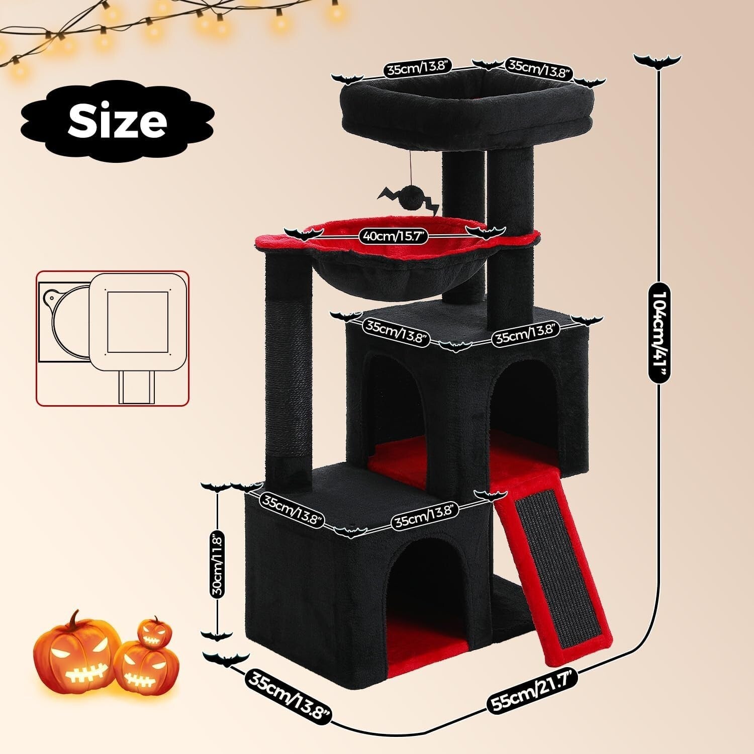 Large Black Cat Tower - 41" Gothic Style with Padded Perch and Scratching Pad