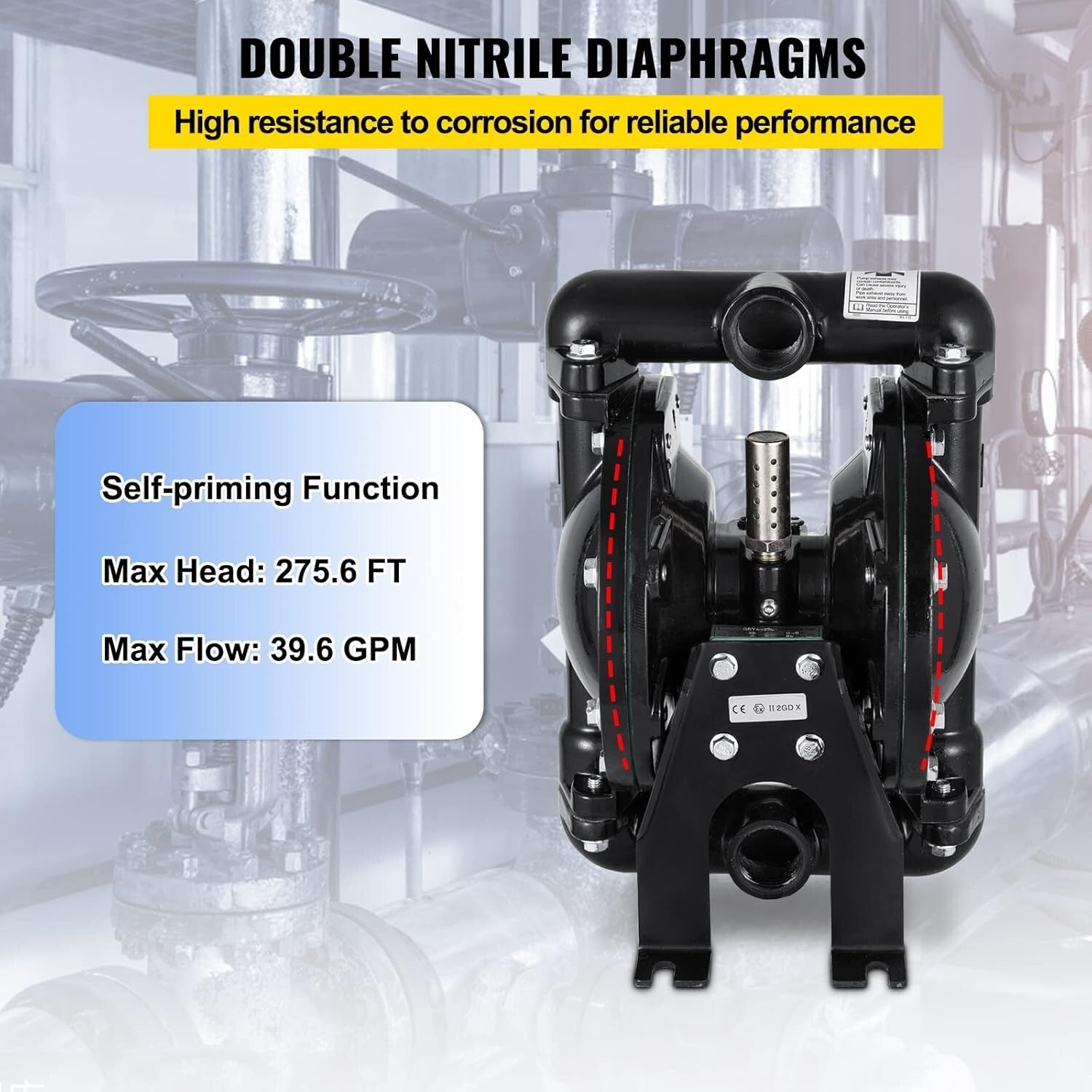 Corrosion-Proof Air Diaphragm Pump with Nitrile Design – 35 GPM Flow Rate