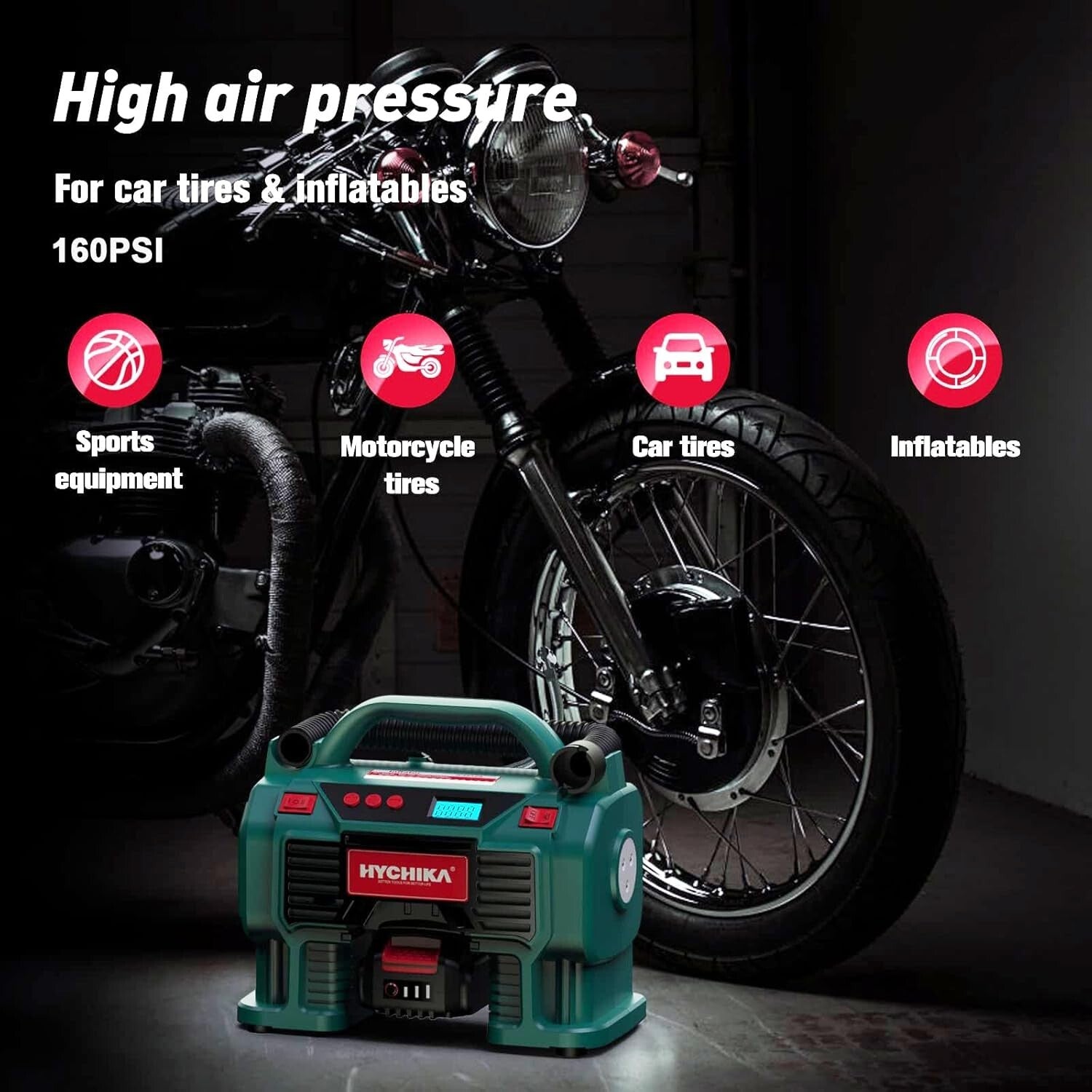HYCHIKA 20V Air Compressor: 2-Ways Power, 160 PSI & Fast Charging Capability
