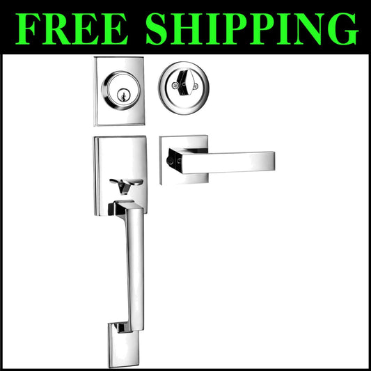 Modern Polished Chrome Reversible Lever Door Handle & Deadbolt Set - Easy Ins...