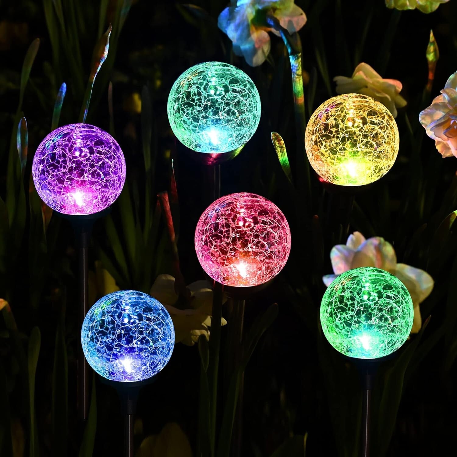 Enchanting 6-Pack Color-Changing Solar Garden Lights with Cracked Glass Design