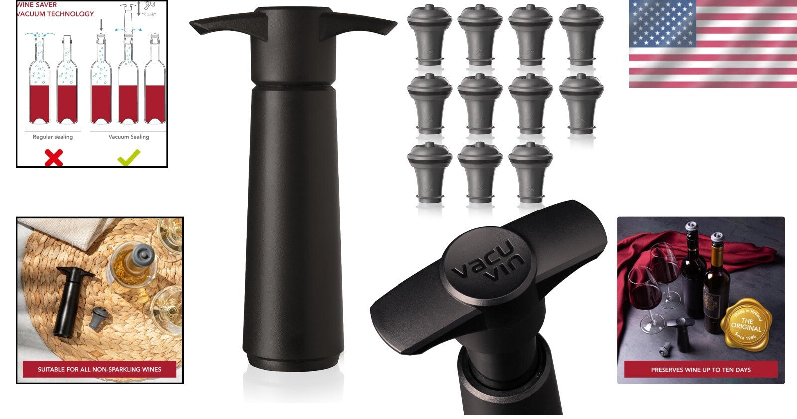 Black Wine Saver Pump with 11 Reusable Stoppers - Easy-to-Use Preservation