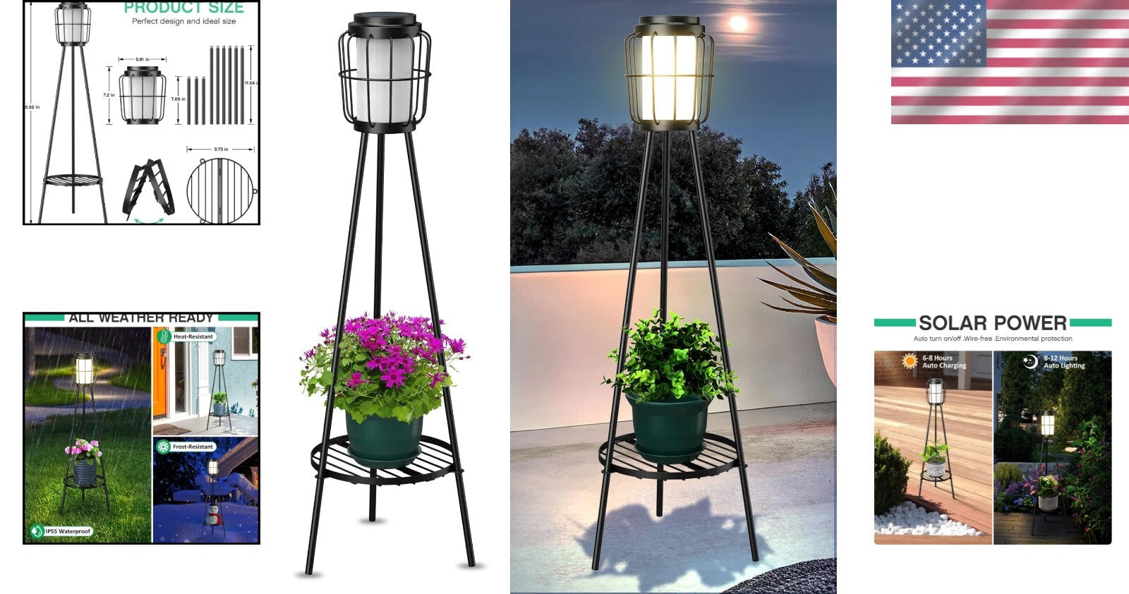 Art Deco Waterproof Solar Floor Lamps - 2 Pack with Touch Control & Metal Base