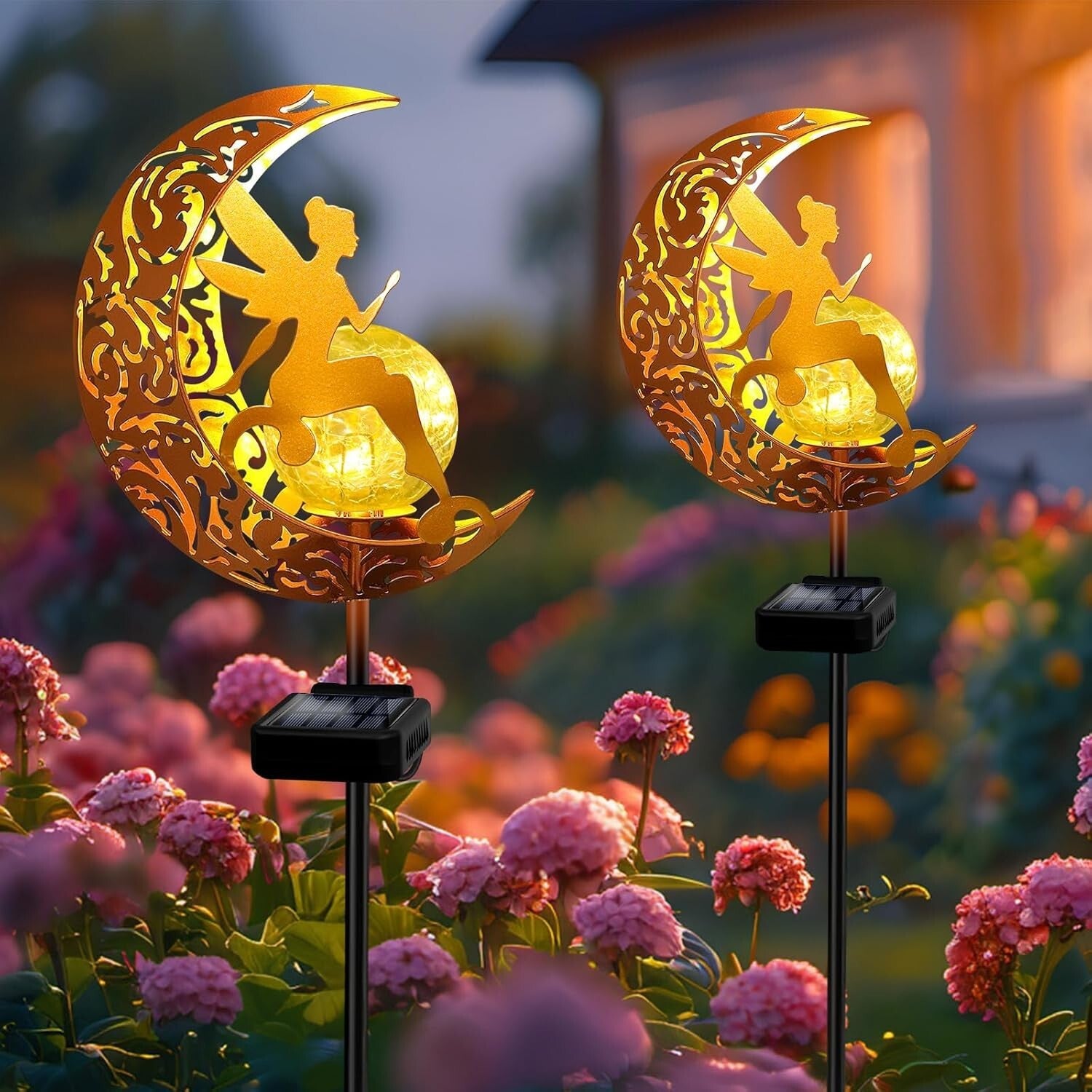 Enchanting 2-Pack Solar Garden Lights with Angel Decor - 33-Inch Pathway Stakes