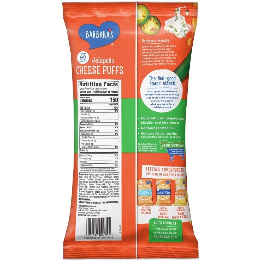 Barbara's 7 oz Jalapeno Cheese Puffs - Gluten-Free Snack with Aged Cheddar