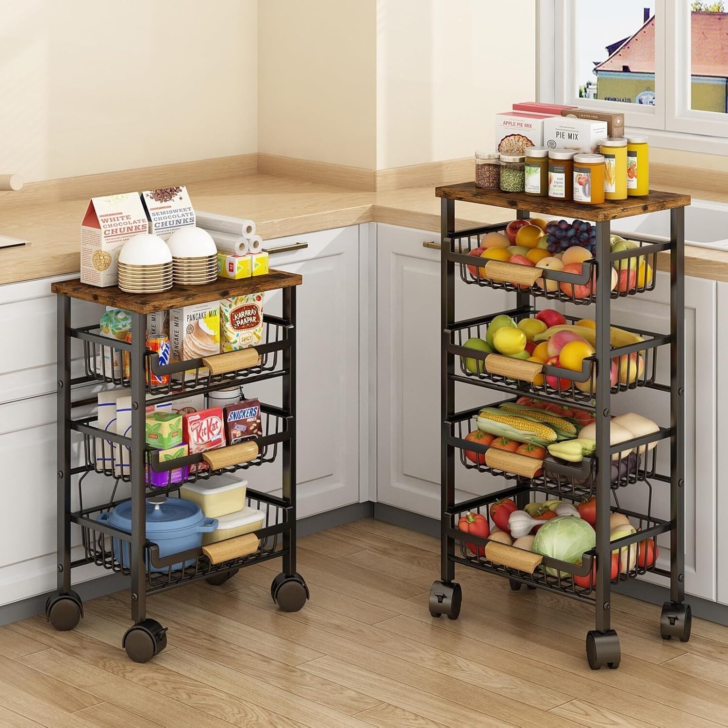 Rolling Vegetable Storage Cart with Wooden Top - 4 Tier Organization for Kitchen